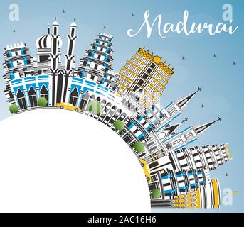 Indien Madurai Skyline der Stadt mit Gebäuden, blauer Himmel und Kopieren. Vector Illustration. Business Travel und Konzept mit historischer Architektur. Stock Vektor