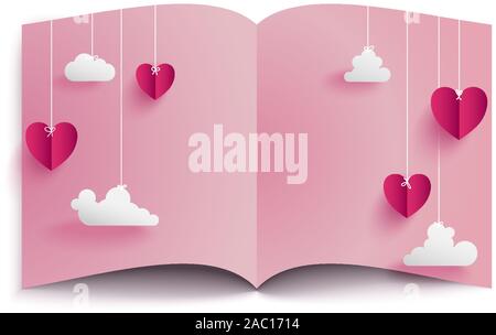 Valentinstag Konzeption Hintergrund in der Grußkarte Form bestehen aus Herzen und Wolken hängen durch weissen String und jedes Element sieht wie floatin Stock Vektor