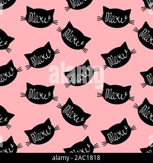 Nahtlose Muster mit schwarzen cat face Silhouette mit meow innen Schriftzug. Einfache Objekte auf rosa Hintergrund. Flache Vector Illustration. Stock Vektor