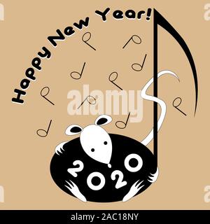 Neues Jahr Logo 2020 mit Noten und eine Ratte mit negativen Raum Frohes neues Jahr Grüße minimal Stock Vektor