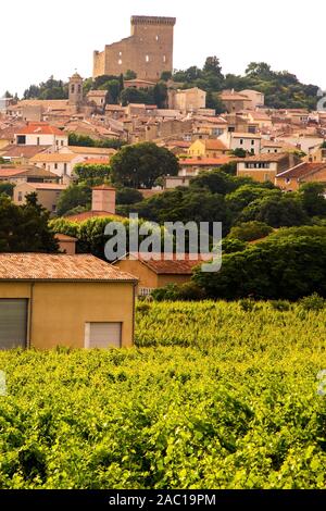 Chateauneuf-du-Pape steigen über Weinberge in der Region Vauclause in Frankreich Stockfoto