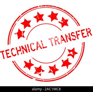 Grunge red technischen Transfer Wort mit Stern Symbol runde Gummidichtung Stempel auf weißem Hintergrund Stock Vektor