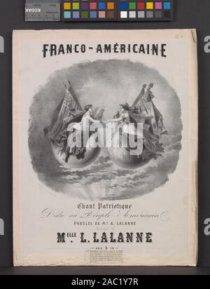 Franco-américaine - Gesang patriotique Eintritt ist durch Anwendung der Spezialsammlungen gewährt. Noten und vorläufige Zeichnung, die allegorischen Figuren der Amerika und Frankreich Hand in Hand. Von 7 Seiten der Noten mit den Worten von Herrn A. Lalanne & Musik von Mlle begleitet. L. Lalanne. Findmittel zur Verfügung. Ist Teil von Samuel Putnam Avery Sammlung. Geschenk von Samuel Putnam Avery, 1900. S.P. Avery CollectionFranco-américaine: Gesang patriotique. Stockfoto