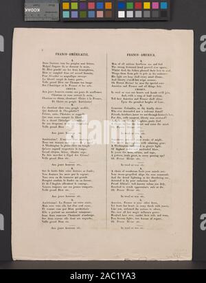 Franco-américaine - Gesang patriotique Eintritt ist durch Anwendung der Spezialsammlungen gewährt. Noten und vorläufige Zeichnung, die allegorischen Figuren der Amerika und Frankreich Hand in Hand. Von 7 Seiten der Noten mit den Worten von Herrn A. Lalanne & Musik von Mlle begleitet. L. Lalanne. Findmittel zur Verfügung. Ist Teil von Samuel Putnam Avery Sammlung. Geschenk von Samuel Putnam Avery, 1900. S.P. Avery CollectionFranco-américaine: Gesang patriotique. Stockfoto