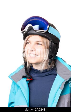 Foto der sportlichen Frau tragen Helm auf weißem Hintergrund isoliert Stockfoto