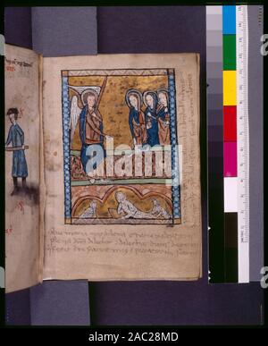 Ganzseitige Miniatur, Hinweise in De Ricci, Seymour, Volkszählung Handschriften des Mittelalters und der Renaissance in den Vereinigten Staaten und Kanada aufgeführt. New York. New York: H.W. Wilson, 1935; und Ergänzen, New York, N.Y.: Bibliographische Gesellschaft von Amerika, 1962. Ownership: Französischer Katalog Ca. 1850-60; Sammlung von Dr. Thomas Addis Emmet; im Jahre 1896 von John S. Kennedy präsentiert. 16 lange Linien (32 im Kalender), in Bleistift ausgeschlossen. Mindestens 2, Gebet, w. 216 v, durch ein anderes De Ricci Orte dieses Manuskript in England, s. XIII; Dr. Gast in Frankreich, im dritten Viertel des 13. Jahrhunderts. De Ricci, 13. Stockfoto