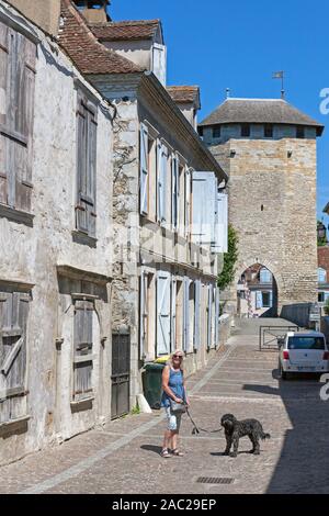 Europa, Frankreich, Nouvelle-Aquitaine, Orthez, traditionellen Häusern auf der Rue du Pont Vieux mit Frau zu ihrem Hund Stockfoto