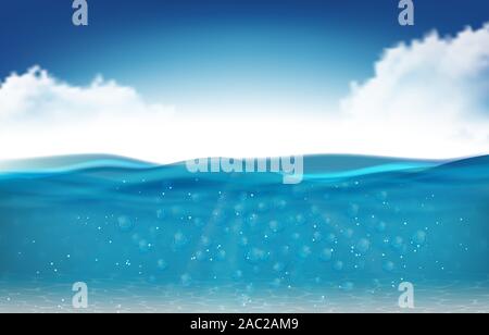 Realistische Meer unterwasser Szene mit transparenten Welle. Ocean scene Banner mit horizontalen Wasseroberfläche Stock Vektor