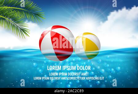 Sommer Pool Party Poster Vorlage. Vector Illustration mit tief unter Wasser Ozean Szene. Hintergrund mit realistischen Wolken und marine Horizont. Invitati Stock Vektor