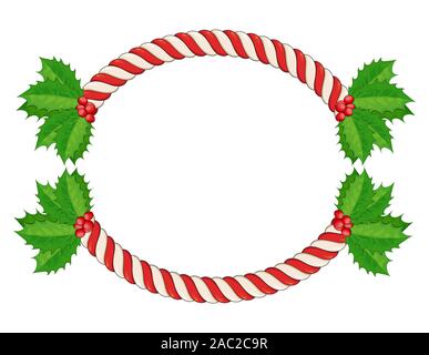 Weihnachten Grenze mit Zuckerstange und Holly verlässt. Candy Cane leerer Rahmen mit Stechpalme Beeren. Auf weissem Hintergrund. Urlaub Design, Dekor. Vec Stock Vektor
