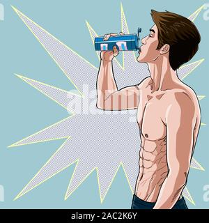 Junge Männer trinken Wasser nach der Ausübung der Mineralien zu den Körper Gesundheit Illustration Vektor auf Pop Art Comic Stil Dot bunten Hintergrund hinzufügen Stock Vektor