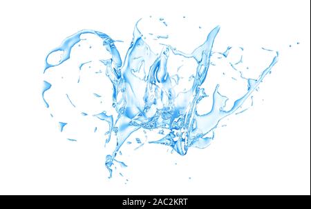 Isolierte Blue Splash von Spritzwasser auf einem weißen Hintergrund. 3D-Rendering, 3D-Darstellung. Stockfoto