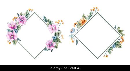 Florale square Frames von Aquarell Wildblumen. Es ist ein Platz für Text. Blumen auf einem weißen Hintergrund. Die Form eines Diamanten. Vorlage für Hochzeit Stockfoto