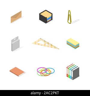 Reihe von Icons auf weißem Hintergrund, im Büro und in der Schule isoliert. Flache isometrische 3D-Stil, Vector Illustration. Stock Vektor