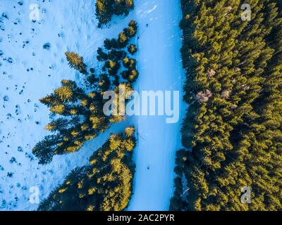 Ski Resort. Eine Skipiste am Rande eines Waldes aus Fichtenholz. Luftaufnahme Stockfoto