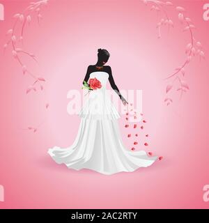 Silhouette einer Braut Holding große rote Rose auf rosa Hintergrund. Stock Vektor