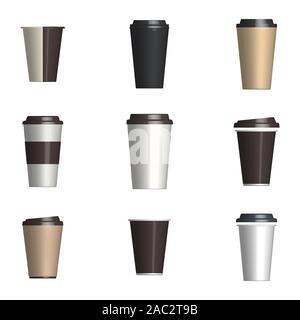 Satz von Kunststoff und Papier Kaffeetassen in verschiedenen Formen auf einem weißen Hintergrund. Vorderansicht, Vector Illustration. Stock Vektor