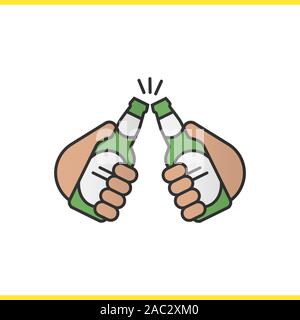 Toasten Bier Flaschen Farbe Symbol. Cheers. Hände halten Bierflaschen. Isolierte Vector Illustration Stock Vektor