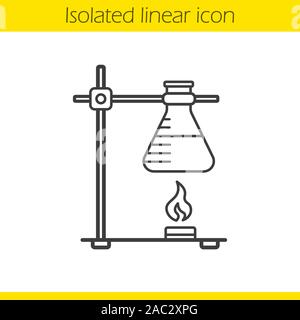 Chemische Reaktion lineare Symbol. Dünne Linie Abbildung. Ring stand mit Kolben über das Feuer Kontur Symbol. Vektor isoliert Maßbild Stock Vektor