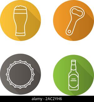 Bier flach linear lange Schatten Symbole gesetzt. Bier Flasche, Opener, Kappe und volle schaumige Glas. Vektor linie Symbole Stock Vektor