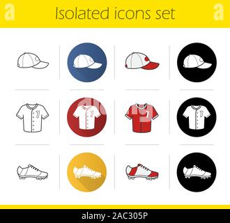 Einheitliche Symbole, die Baseball spieler. Flache Bauweise, linear, Schwarz und Farbe. Kappe, Hemd und Schuhe. Isolierte Vektorgrafiken Stock Vektor
