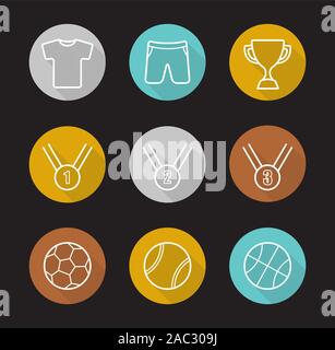 Sport Spiele Flachbild lineare lange Schatten Symbole gesetzt. Fußball, Basketball und Tennis Bälle, Gold-, Silber- und Bronzemedaillen, Cup Sieger, sport Uniform. Vecto Stock Vektor