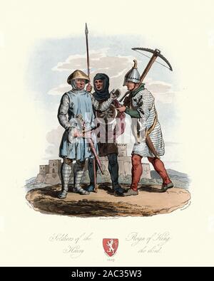 Mittelalterliche Soldaten des Königs Heinrich III., Schwertkämpfer, Lanze und Armbrust tragen Kettenhemden Rüstungen, aus dem 13. Jahrhundert. Antike Kostüme von England, 1813 Stockfoto