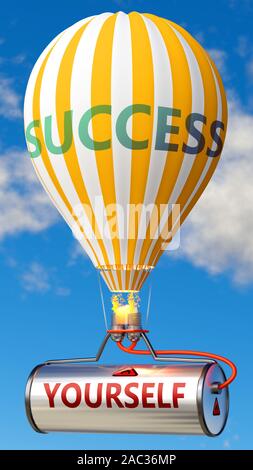 Sich selbst und Erfolg - als Wort sich auf einem Kraftstofftank und ein Ballon angezeigt, um zu symbolisieren, dass Sie sich selbst zum Erfolg im Geschäft und das Leben beitragen, 3d Stockfoto