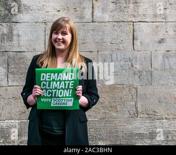 Scottish Green Party fordert Klimawandel allgemeine Maßnahmen der Wahlkampf. Gillian Mackay, schottischen Grünen Kandidaten Stockfoto