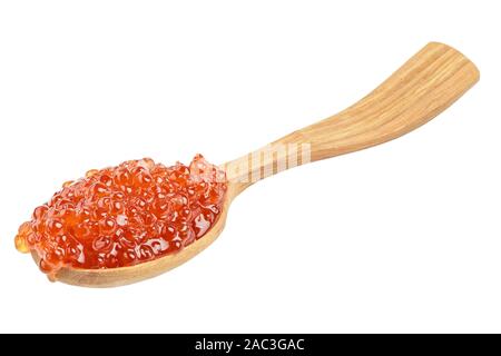 Lachs Kaviar in einem Löffel auf weißem Hintergrund isoliert. Platz für Text. Datei enthält Freistellungspfad Stockfoto