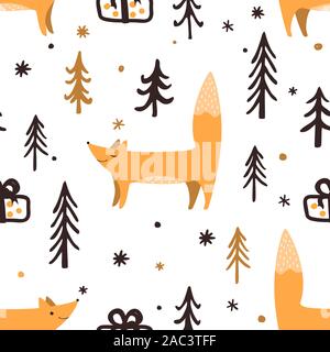 Nahtlose Weihnachten Muster mit Waldbäumen, Gegenwart, und glücklich Füchse. Frohes Neues Jahr Hintergrund. Xmas Vektor Design für den Winterurlaub. Stock Vektor