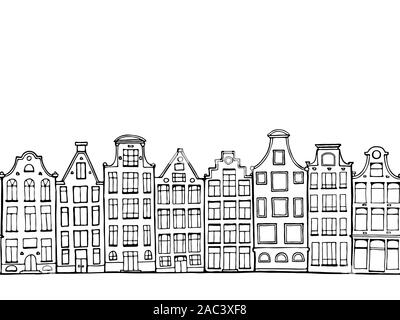 Cartoon Hand gezeichnet Tinte Häuser. Nahtlose Grenze. Doodle skandinavischen Niederländischen Gehäuse. Umrisse Vektor-zeichnung für Karte, Poster. Stock Vektor