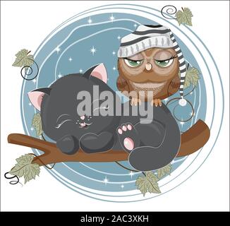 Isolierte sleepping schwarze Katze und Eule in gestreiften Kappe, kleines Kätzchen in Zweigstellen. Bild in der Hand Zeichnung Cartoon Stil, für T-Shirt drucken, Mode Stock Vektor