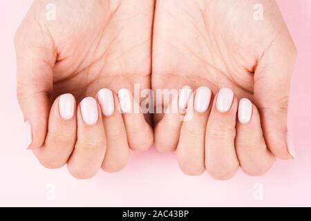 Der weibliche Hände mit klassischen Pastelltönen Maniküre auf rosa Hintergrund. Beauty Salon. Stockfoto