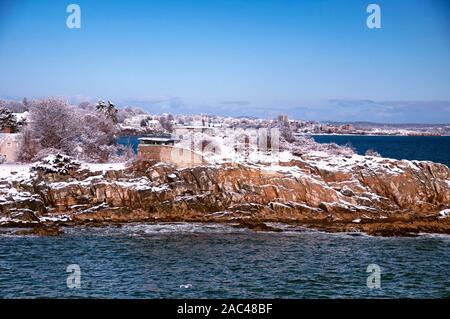 Verschneite Bäume und der Maine felsigen Küste bei Fort Williams Park in Portland Maine an einem sonnigen blauen Himmel. Stockfoto