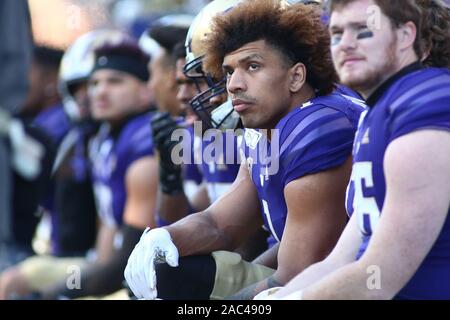 November 29, 2019: Washington Schlittenhunde tight end Hunter Bryant (1) an der Seitenlinie während eines Spiels zwischen die Washington State Cougars und Washington Schlittenhunde Husky Stadium in Seattle, WA für die 112 Apple Schale. Die Schlittenhunde gewann 31-13 ihre 7. gerade Apple Cup zu gewinnen. Sean Brown/CSM Stockfoto