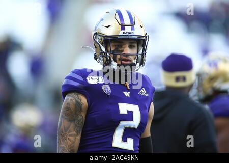 November 29, 2019: Washington Schlittenhunde wide receiver Aaron Fuller (2) vor einem Spiel zwischen den Washington State Cougars und Washington Schlittenhunde Husky Stadium in Seattle, WA für die 112 Apple Schale. Die Schlittenhunde gewann 31-13 ihre 7. gerade Apple Cup zu gewinnen. Sean Brown/CSM Stockfoto