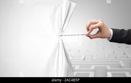 Hand Herausziehen des Papiers Vorhang, wechselnde Szene Konzept Stockfoto