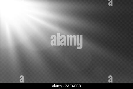 Weiß auf transparentem Hintergrund. Sonnenlicht Wirkung mit leuchtenden Strahlen. Sunshine Vorlage. Helle, weiße Balken und Objektivreflexionen. Glow Light Effect. Vect Stock Vektor