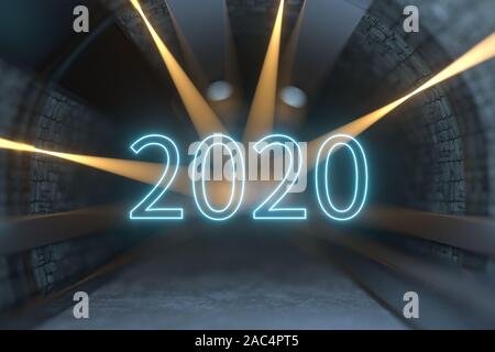 2020 Neue Jahr mit industriellen Tunnel Hintergrund, 3D-Rendering. Computer digitale Zeichnung. Stockfoto