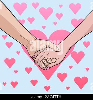 Schöne Männliche und weibliche Hände schütteln Hände liebe Illustration Vektor auf Pop Art Comic Stil Abstrakt Hintergrund darzustellen Stock Vektor