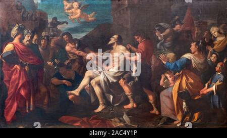 MODENA, Italien - 14 April, 2018: Das Gemälde des Martyriums des hl. Bartholomäus der Apostel in der Kirche Chiesa di San Bartolomeo von Girolamo Negri (1694). Stockfoto