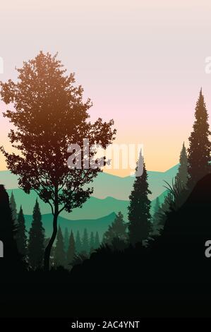 Natürliche Wald berge Bäume Landschaft wallpaper Sonnenaufgang und Sonnenuntergang Illustration vektor Stil bunte hintergrund Stock Vektor