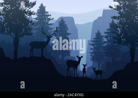 Natürliche Wald berge Bäume Landschaft wallpaper Sonnenaufgang und Sonnenuntergang Herde von Rehen Illustration vektor Stil bunte hintergrund Stock Vektor