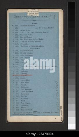 Griffith Handkolorierte photoprints. Enthält zwei handkolorierte Ansichten. Blick von D. Barnum, S. Bier, G. Stacy und andere Fotografen und Verlage. Robert Dennis Sammlung von stereoskopische Ansichten. Titel von Cataloger'. Blick auf Greenwood Cemetery in Brooklyn: einschließlich Eintritt, Seen, Antriebe, Gewölbe und Gräbern einschließlich der Henry-Bezirk Beecher, DeWitt Clinton, Charlotte Canada, und othersGriffith. Stockfoto