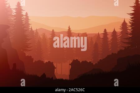 Natürliche Dschungel Kiefernwald berge Horizont Landschaft wallpaper Sonnenaufgang und Sonnenuntergang Illustration Vektor auf Cartoons Stil bunte hintergrund Stock Vektor