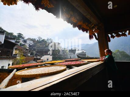 Nanchang, China's Jiangxi Province. 7 Nov, 2019. Eine Frau trocknet landwirtschaftliche Produkte in Huangling Dorf Wuyuan County, im Osten der chinesischen Provinz Jiangxi, November 7, 2019. Credit: Hu Chenhuan/Xinhua/Alamy leben Nachrichten Stockfoto