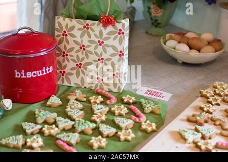 Hausgemachte Cookies gebacken und dekoriert als Weihnachtsgeschenk zu geben Stockfoto