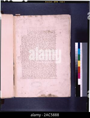 Seite 1, Öffnung der Text mit der Rubrik, Raum für erste in De Ricci, Seymour, Volkszählung Handschriften des Mittelalters und der Renaissance in den Vereinigten Staaten und Kanada links. New York. New York: H.W. Wilson, 1935; und Ergänzen, New York, N.Y.: Bibliographische Gesellschaft von Amerika, 1962. Ownership: Nummer 8328 und 1454 In alten Katalogen; Astor Sammlung. De Ricci, 1332. Diagramm von Dr. G.B. Guest. Anmerkungen von Dr. A. C. de la Mare. 1469 Mai 15 42-52 lange Linien, in Bleistift regiert, Stichworte (zweimal vertikal in der Mitte des unteren Seitenrand!) und prickings gelegentlich sichtbar. Papier Rubriken, placemarkers, Cha Stockfoto