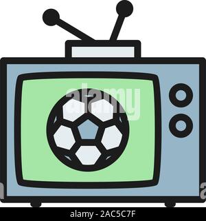 Broadcast Match auf TV, Fußball flachen Farbe Symbol. Stock Vektor